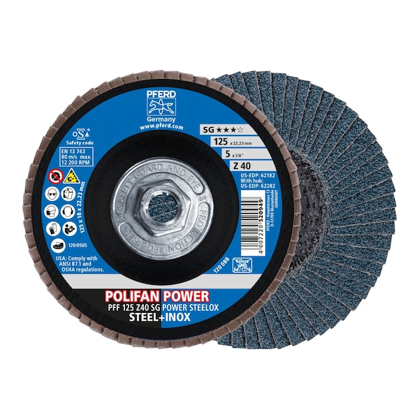 Pferd 5" x 5/8-11 Thd. Disco de láminas POLIFAN® - Z SG POWER STEELOX, Zirconia, 40 Granos, Plano - 62282