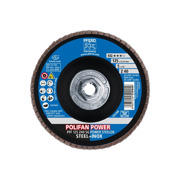 Pferd 5" x 5/8-11 Thd. Disco de láminas POLIFAN® - Z SG POWER STEELOX, Zirconia, 40 Granos, Plano - 62282
