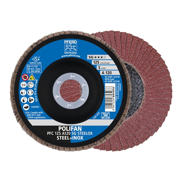 Disco de láminas POLIFAN® de 5" x 7/8" A.H. - A SG STEELOX, óxido de aluminio, 120 Granos, Cónico - 62216.