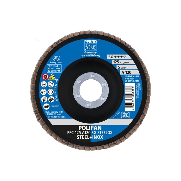 Disco de láminas POLIFAN® de 5" x 7/8" A.H. - A SG STEELOX, óxido de aluminio, 120 Granos, Cónico - 62216.