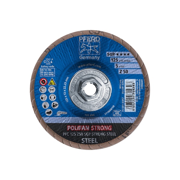 Disco de láminas POLIFAN® de óxido de circonio, resistente al acero Z SGP STRONG, 5 pulgadas x 5/8-11 Hilo, 50 granos, cónico - 62962
