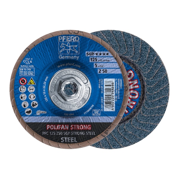 Disco de láminas POLIFAN® de óxido de circonio, resistente al acero Z SGP STRONG, 5 pulgadas x 5/8-11 Hilo, 50 granos, cónico - 62962