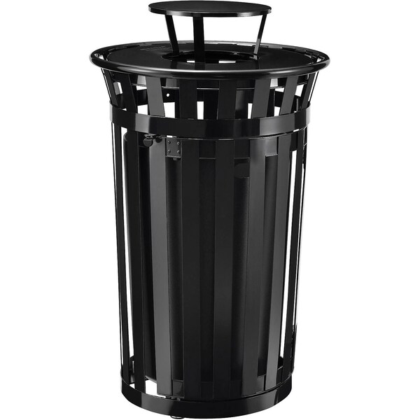 Global Industrial Outdoor Slatted Steel Trash Can W/Access Door & Rain Bonnet Lid, 36 Gal, Black - 261941BK