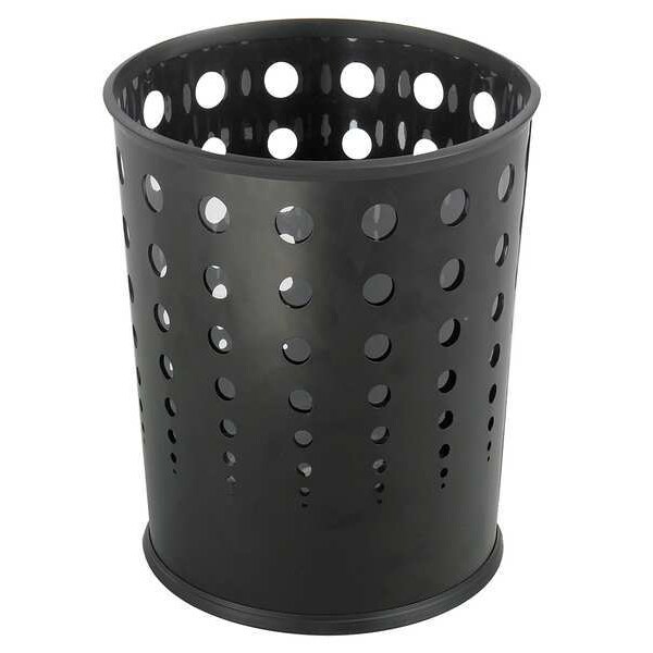 Safco 6 gal Round Wastebasket, Black, 11-3/4" Dia, Open Top, Puncture-Resistant Steel, PVC - 9740BL