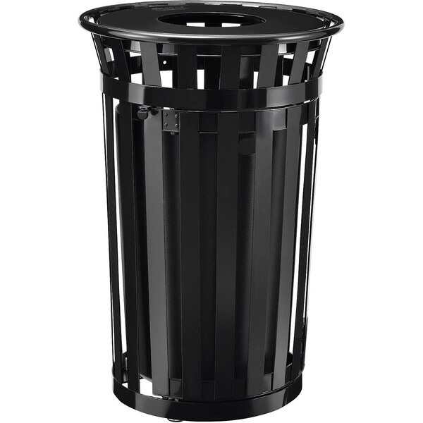 Global Industrial Outdoor Slatted Steel Trash Can W/Access Door & Flat Lid, 36 Gallon, Black - 261940BK