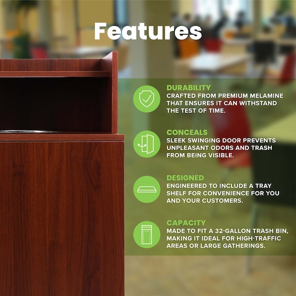 Alpine Industries Mahogany Waste Receptacle Enclosure with Drop Hole and Tray Shelf - ALP476-DH-MA