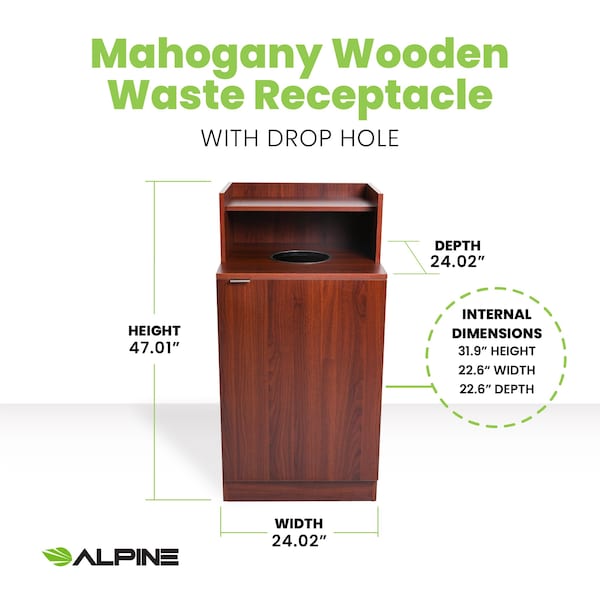 Alpine Industries Mahogany Waste Receptacle Enclosure with Drop Hole and Tray Shelf - ALP476-DH-MA