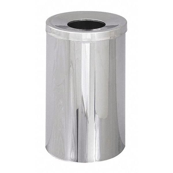 Safco 35 gal Round Trash Can, Chrome, 18-1/2" Dia, Open Top, Puncture-Resistant Steel - 9695