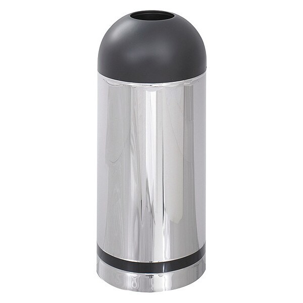 Safco 15 gal Round Trash Can, Chrome/Black, 15" Dia, Open Top, Puncture-Resistant Steel - 9871