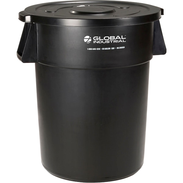 Global Industrial Plastic Trash Can with Lid, 55 Gallon Black - 240464BKCL