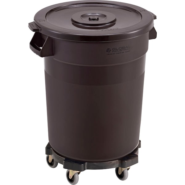 Global Industrial Plastic Trash Can with Lid & Dolly, 20 Gallon, Brown - 240458BNB