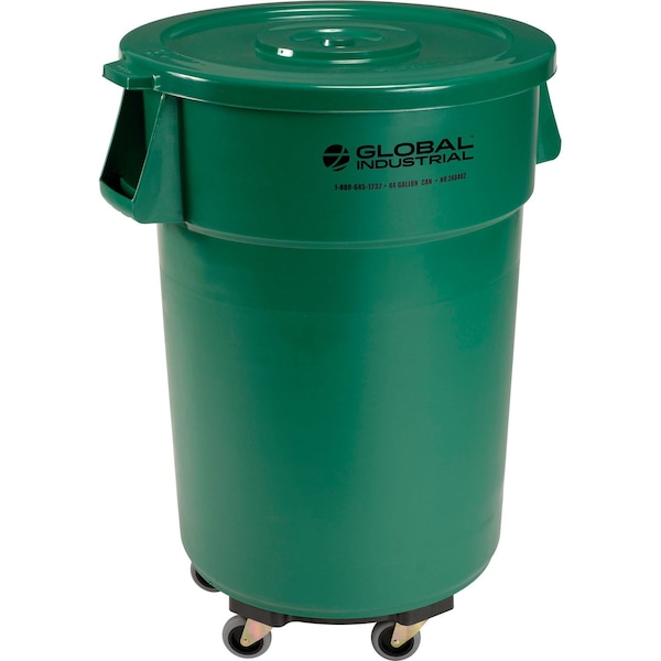 Global Industrial Plastic Trash Can with Lid & Dolly, 44 Gallon Green - 240462GNB