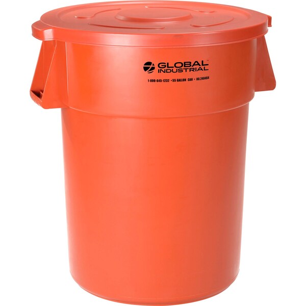 Global Industrial Plastic Trash Can with Lid, 55 Gallon Orange - 240464ORCL