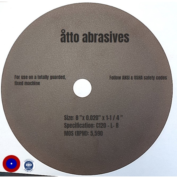 Ruedas de corte sin refuerzo y unidas con hule de Atto Abrasives de 8" x 0.020" x 1-1/4" - 3W200-050-PT