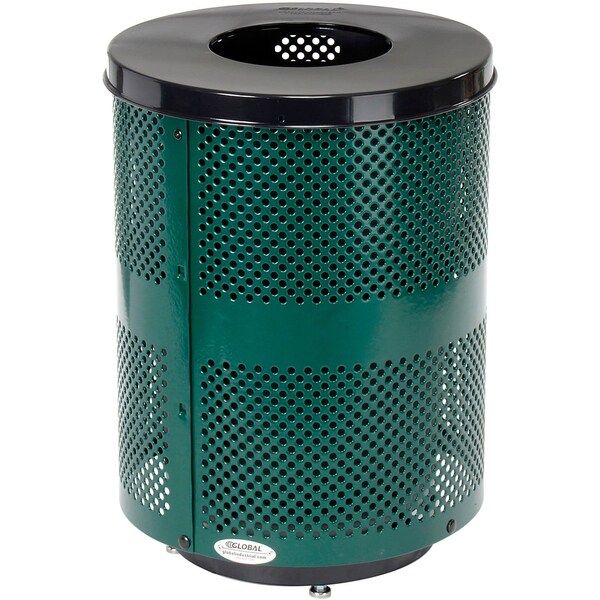 Global Industrial Outdoor Perforated Steel Trash Can With Flat Lid & Base, 36 Gallon, Green - 261925GND