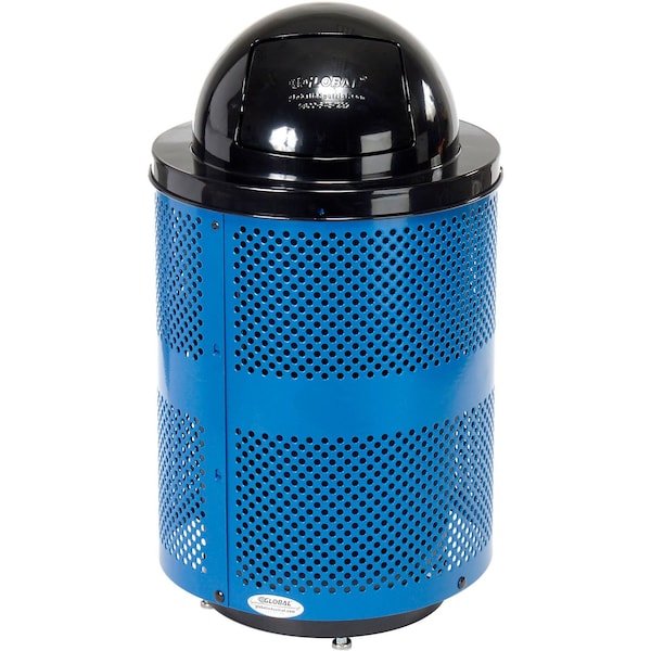 Global Industrial Outdoor Perforated Steel Trash Can With Dome Lid & Base, 36 Gallon, Blue - 261949BLD