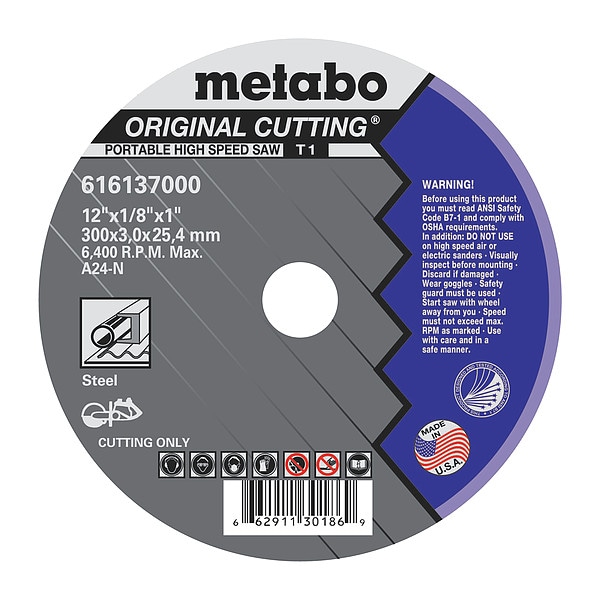 Rueda de corte Metabo, T1, A24N, 12"X1/8"X1" - US616137000
