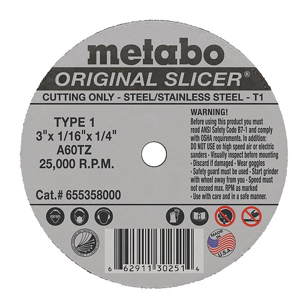 Disco de corte Metabo, T1, A60TZ, 3"X1/16"X1/4" - 655358000