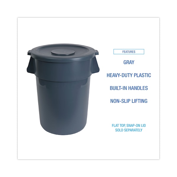 Boardwalk 32 gal Round Cylinder Trash Can, Gray, Open Top, Linear-Low-Density Polyethylene - 3485198