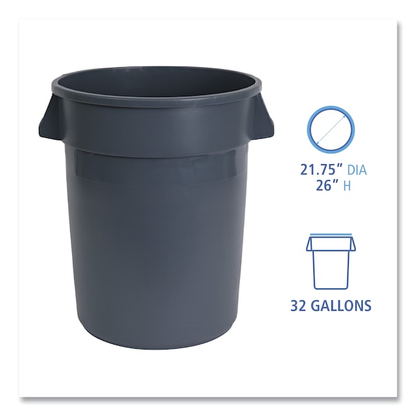 Boardwalk 32 gal Round Cylinder Trash Can, Gray, Open Top, Linear-Low-Density Polyethylene - 3485198