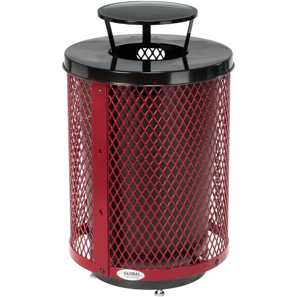 Global Industrial Outdoor Diamond Steel Trash Can W/Rain Bonnet Lid & Base, 36 Gallon, Red - 261926RDD