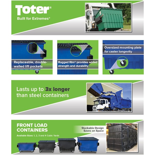 Toter Front Load Container 1 Cubic Yard 750 lbs. Cap., Midnight Gray - FR010-00145