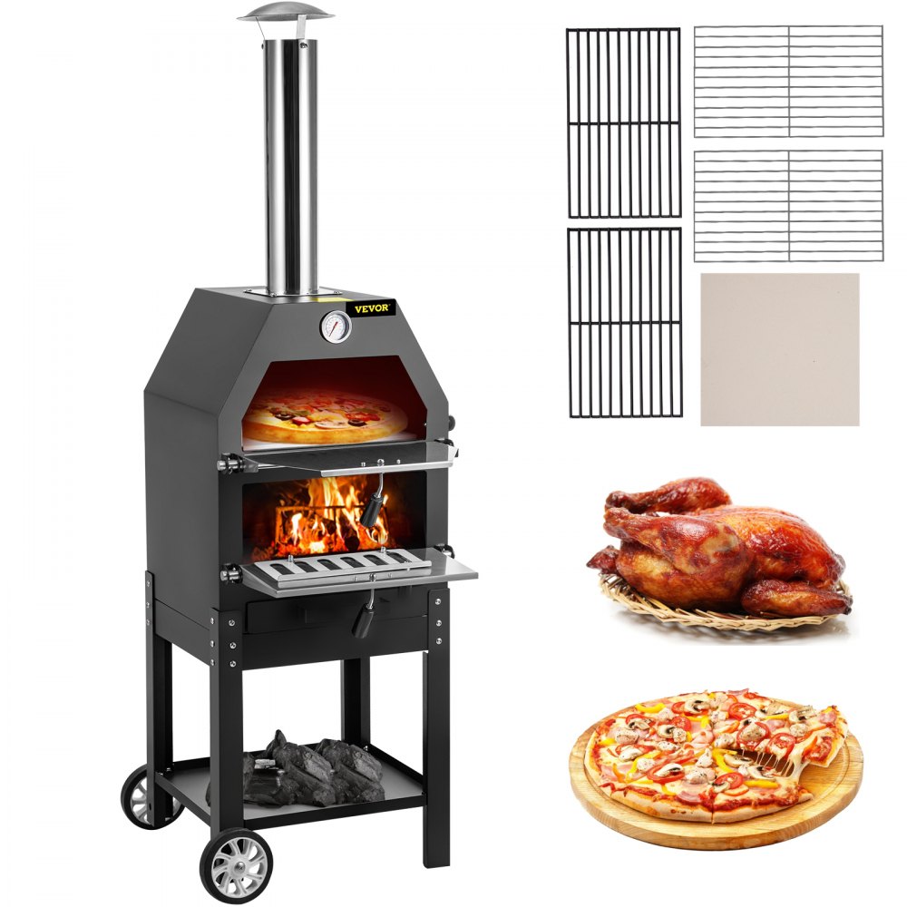 VEVOR Outdoor Pizza Oven, 12" Wood Fire Oven, 2-Layer Pizza Oven Wood Fired, Wood Burning Outdoor Pizza Oven with 2 Removable Wheels, 700℉ Max Temperature Wood Fired Pizza Maker Ovens for Barbecue - LDSPSLLZXBDDWRLHEV0