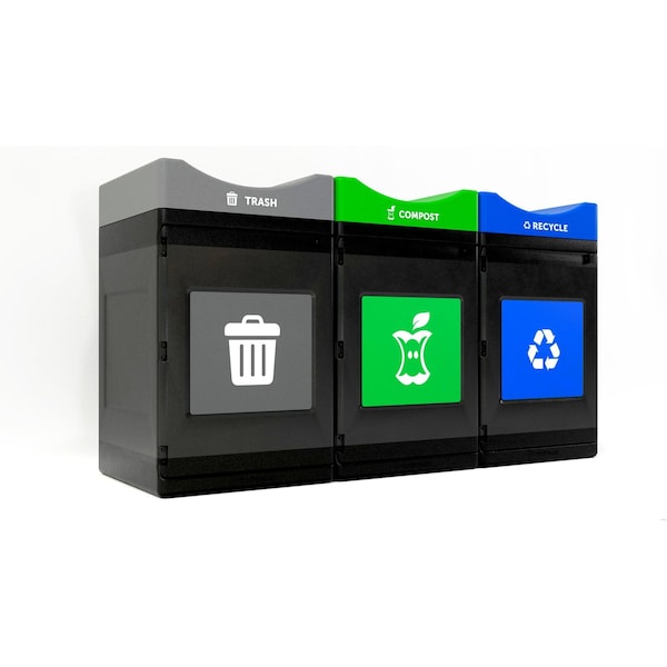 Commercial Zone Products 3 x 55 Gal. mulit-stream standard units Square Waste Container, Black w/ three lid colors, Open Top - 787301MSA