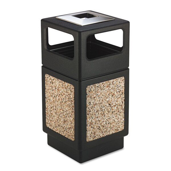 Safco 38 gal Square Trash Can, Black, Ashtray Top w/Open Side, Polyethylene; Stainless Steel - 9473NC
