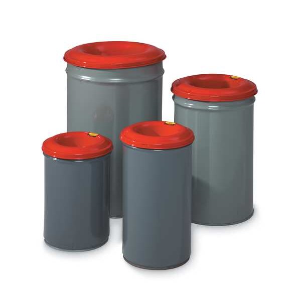 Justrite 12 gal Round Trash Can, Red/Gray, 15 in Dia, Open Top, Steel - 26412