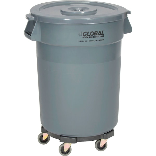 Global Industrial Plastic Trash Can with Lid & Dolly, 32 Gallon Gray - 240460GYB