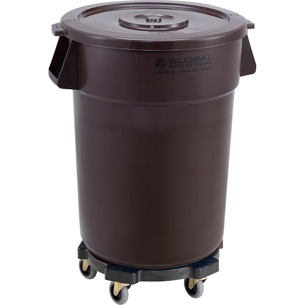 Global Industrial Plastic Trash Can with Lid & Dolly, 44 Gallon Brown - 240462BNB