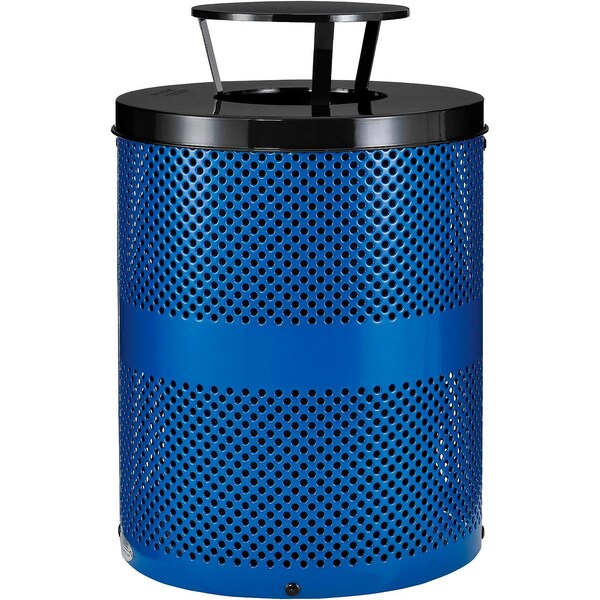 Global Industrial Outdoor Perforated Steel Trash Can With Rain Bonnet Lid, 36 Gallon, Blue - 261927BL