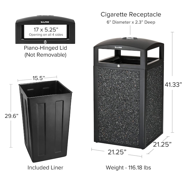 Alpine Industries 40 gal Trash Can, Gray, Rolled Plate/Stone - ALP472-40-GRYS