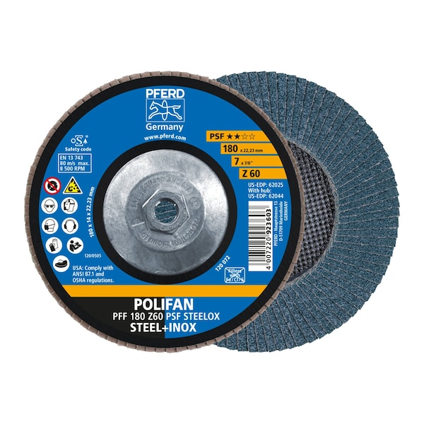 Pferd 7" x 5/8-11 Thd. Disco de láminas POLIFAN® - Z PSF STEELOX, Zirconia, 60 Grit, Plano - 62044