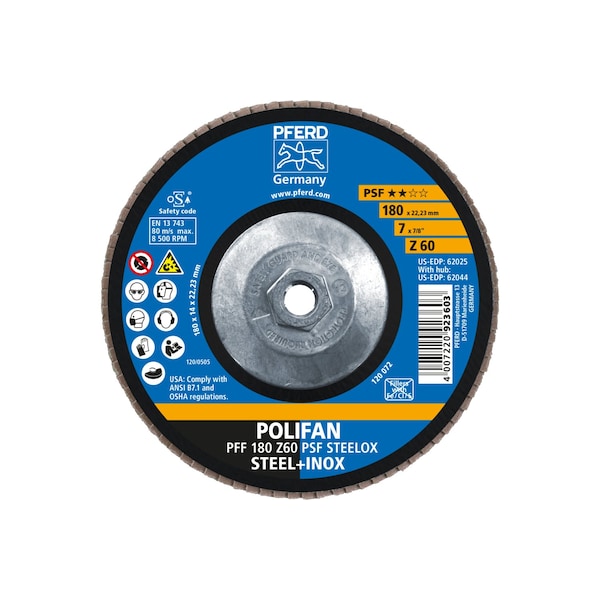 Pferd 7" x 5/8-11 Thd. Disco de láminas POLIFAN® - Z PSF STEELOX, Zirconia, 60 Grit, Plano - 62044