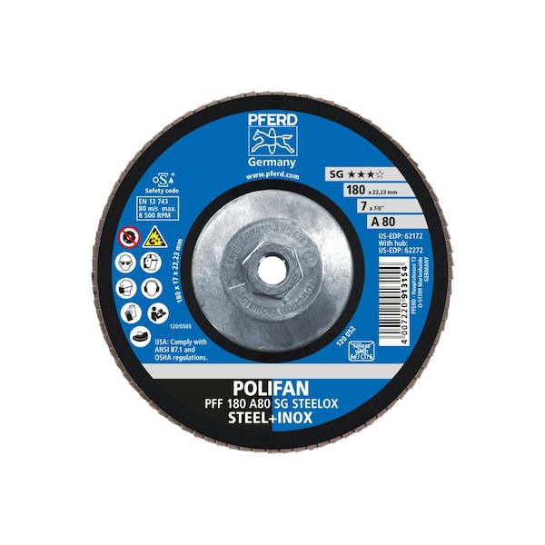 Disco de láminas POLIFAN® Pferd 7" x 5/8-11 Thd. A SG STEELOX, óxido de aluminio, 80 Grit, Cónico - 62272