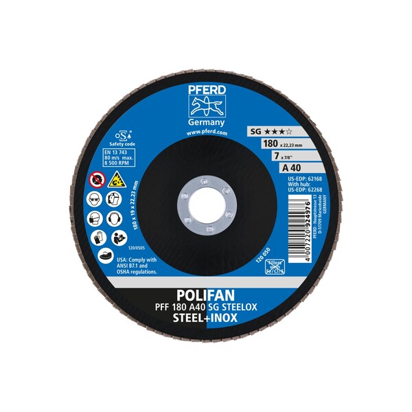 Disco de láminas POLIFAN® Pferd de 7" x 7/8" - A SG STEELOX, Óxido de aluminio, 40 Granos, Plano - 62168