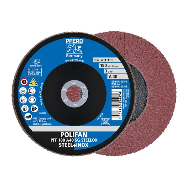 Disco de láminas POLIFAN® Pferd de 7" x 7/8" - A SG STEELOX, Óxido de aluminio, 40 Granos, Plano - 62168