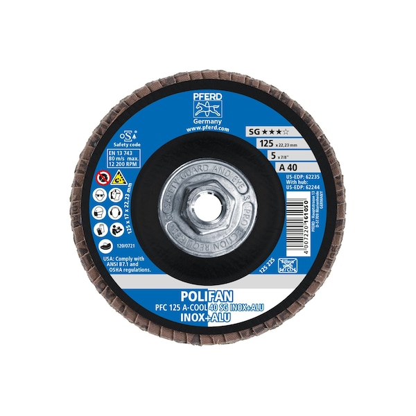 Disco de láminas POLIFAN® Pferd 5" x 5/8-11 Thd. - A-COOL SG INOX+ALU, óxido de aluminio, 40 granos, cónico - 62244