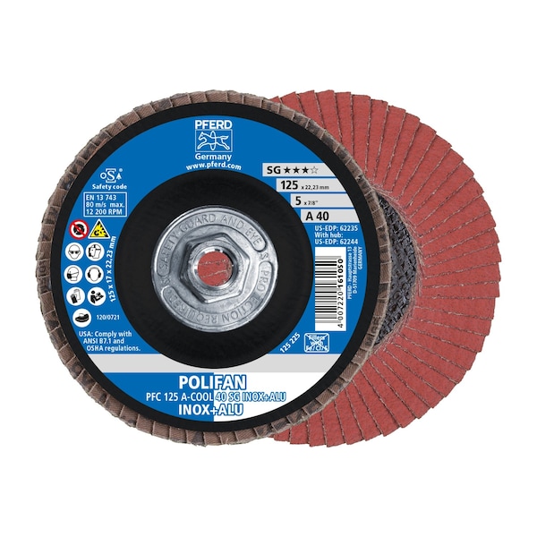 Disco de láminas POLIFAN® Pferd 5" x 5/8-11 Thd. - A-COOL SG INOX+ALU, óxido de aluminio, 40 granos, cónico - 62244