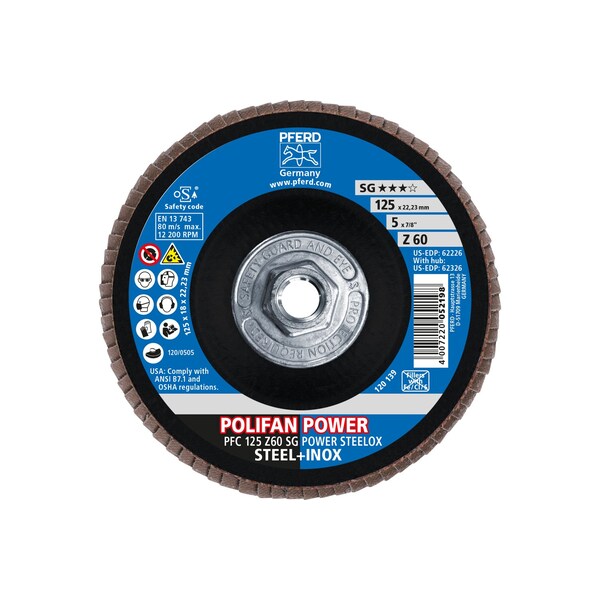 Pferd 5" x 5/8-11 Thd. DISCO DE ALETAS POLIFAN® - Z SG POWER STEELOX, Zirconia, 60 Granos, Cónico - 62326