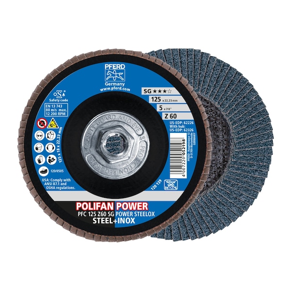 Pferd 5" x 5/8-11 Thd. DISCO DE ALETAS POLIFAN® - Z SG POWER STEELOX, Zirconia, 60 Granos, Cónico - 62326