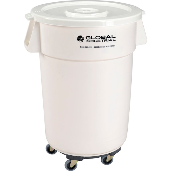 Global Industrial Plastic Trash Can with Lid & Dolly, 44 Gallon White - 240462WHB