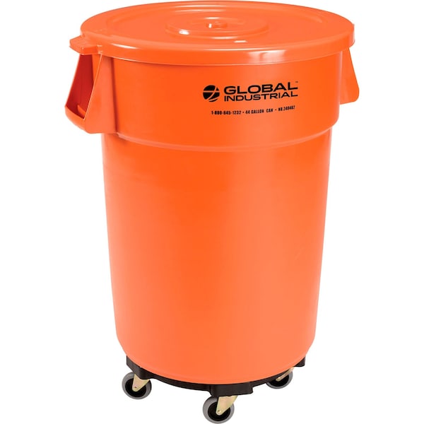 Global Industrial Plastic Trash Can with Lid & Dolly, 44 Gallon Bright Orange - 240462BORB