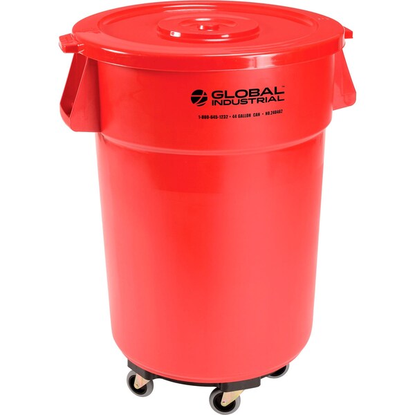 Global Industrial Plastic Trash Can with Lid & Dolly, 44 Gallon Red - 240462RDB