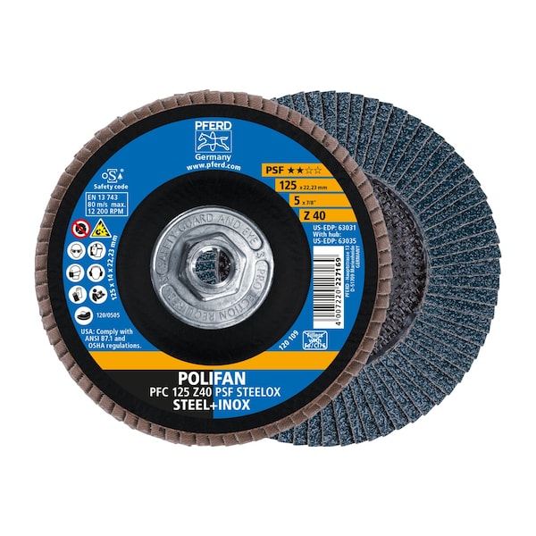 Disco de láminas POLIFAN® Pferd 5" x 5/8-11 Thd. - Z PSF STEELOX, Zirconia, 40 Granos, Cónico - 63035