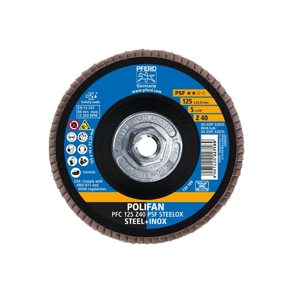 Disco de láminas POLIFAN® Pferd 5" x 5/8-11 Thd. - Z PSF STEELOX, Zirconia, 40 Granos, Cónico - 63035