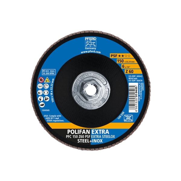 Disco de láminas POLIFAN® de óxido de aluminio Z PSF EXTRA STEELOX de 6" x 5/8-11 Thd., Zirconia, grano 60, cónico - 60670.