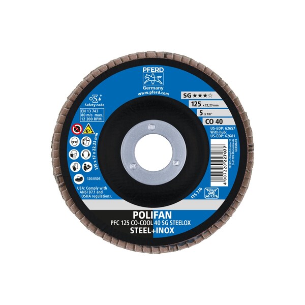 Disco de láminas POLIFAN® de óxido de cerámica CO-COOL SG STEELOX de 5" x 7/8", 40 granos, cónico - 62657